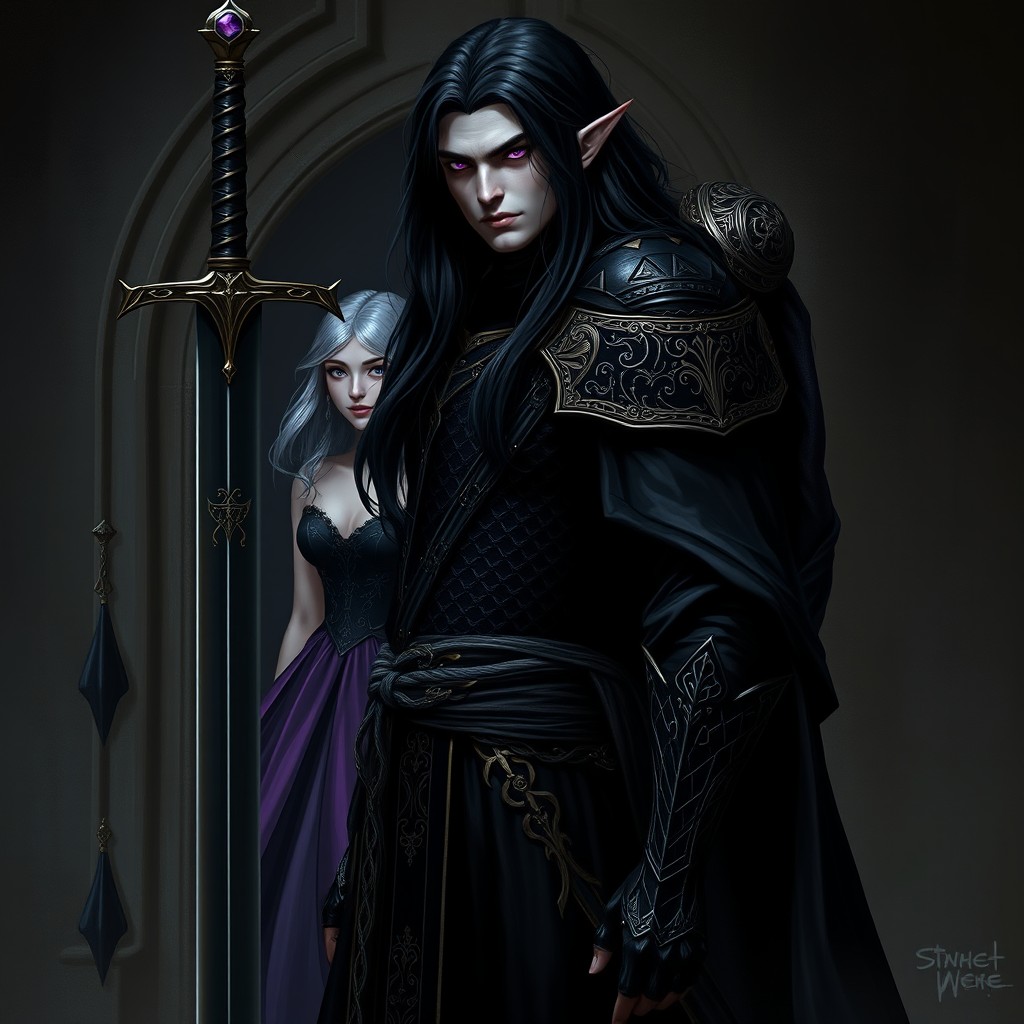 A tall Vampire Elf with striking violet eyes and long flowing black hair, adorned in elegant black robes detailed with intricate gold inlays
