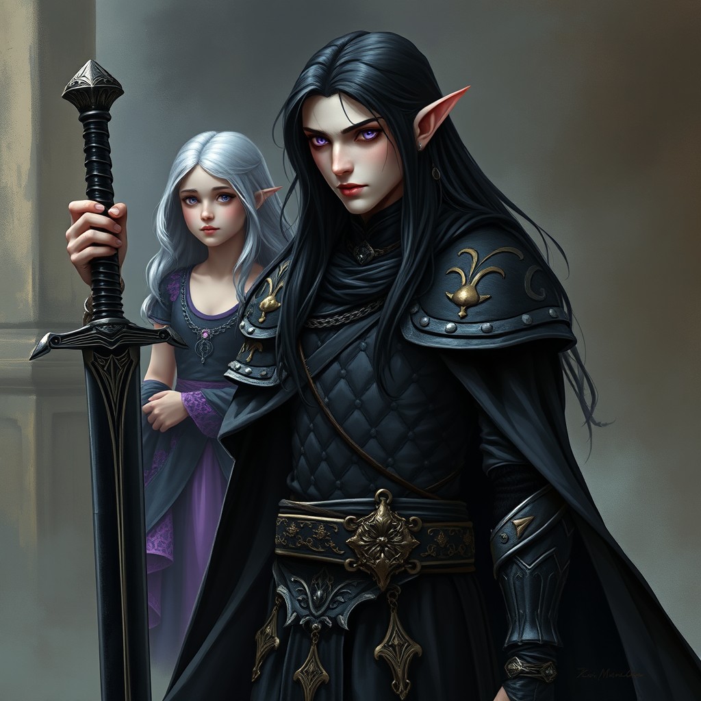 A tall Vampire Elf with striking violet eyes and long black hair, clad in flowing black robes adorned with intricate gold inlays and complemented by sturdy black chain mail