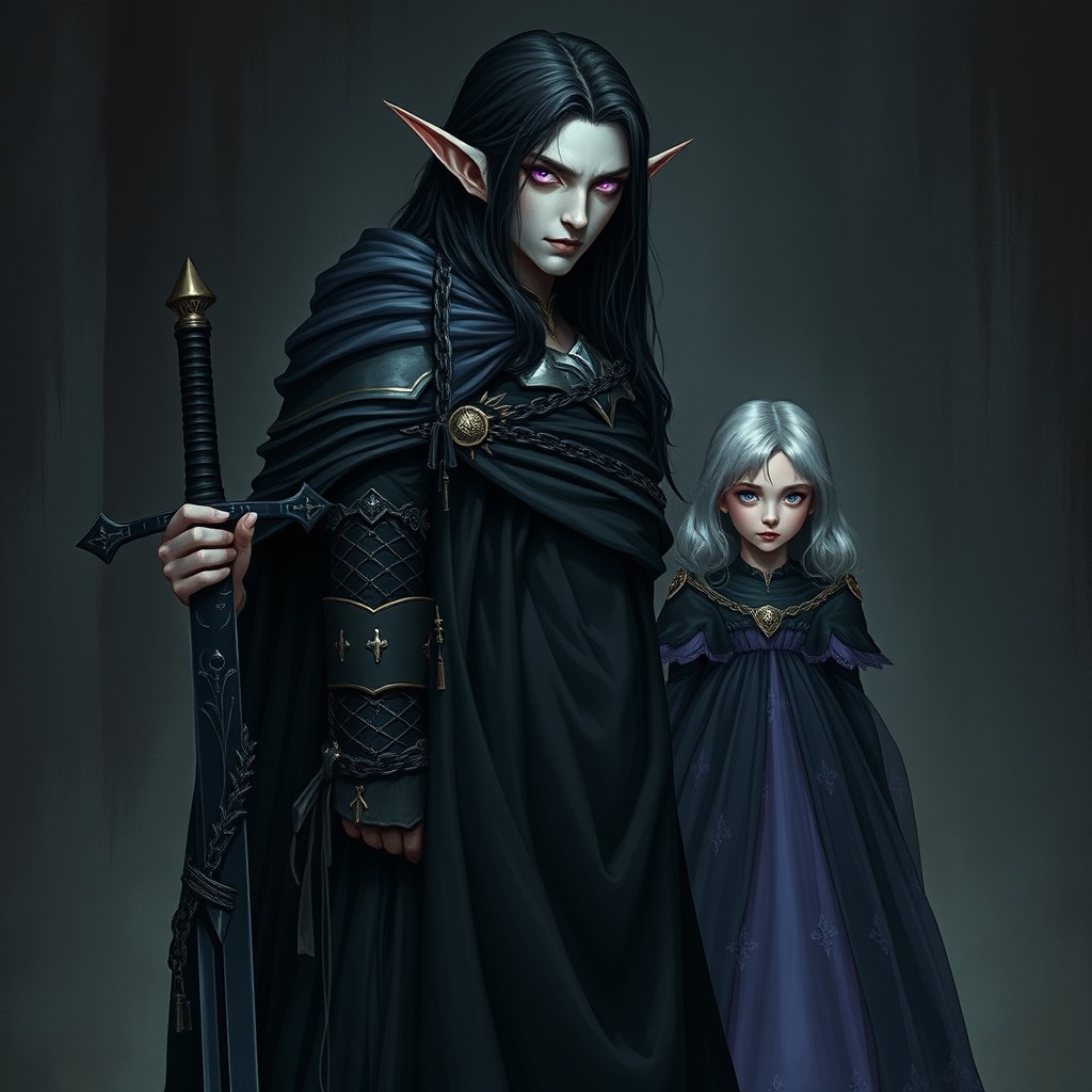 A tall Vampire Elf with striking violet eyes and long black hair, elegantly clad in flowing black robes adorned with intricate gold inlays and reinforced with sleek black chain mail