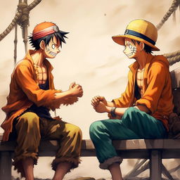 Luffy from One Piece and Naruto from Naruto Shippuden sitting together, with their signature attire and attitudes in a friendly conversation.