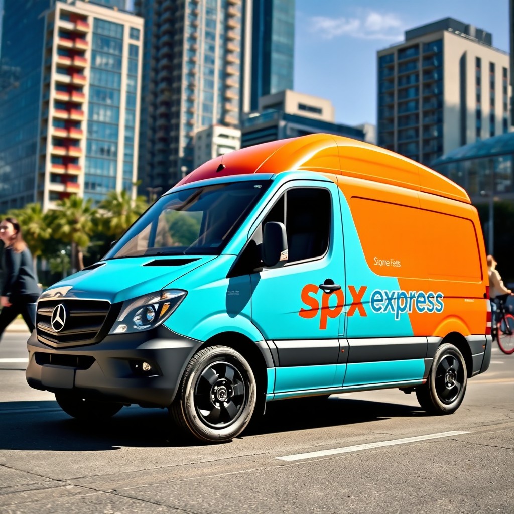 A sleek, modern delivery vehicle branded as 'Spx Express', highlighting its aerodynamic design and vibrant company colors