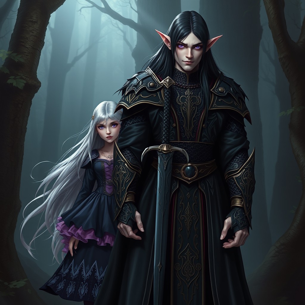 A tall Vampire Elf standing majestically, featuring striking violet eyes and long flowing black hair