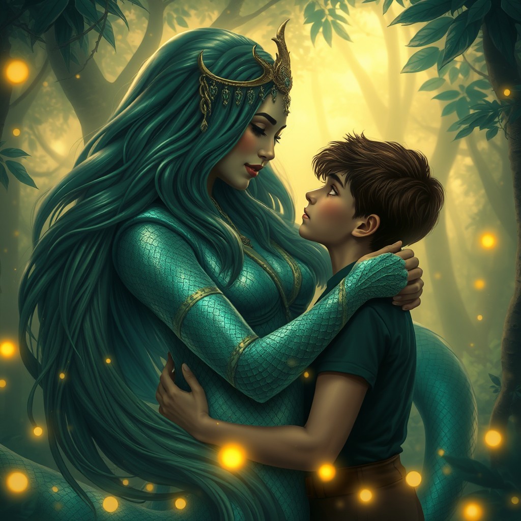 A captivating scene of a Naagin (serpent goddess) in a lush, mystical forest, embracing a young man with an aura of mystery around them