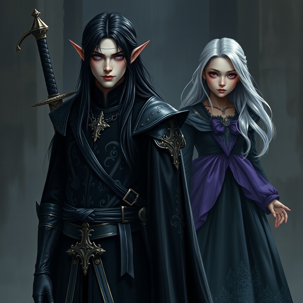 A tall Vampire Elf with striking violet eyes and long black hair, clothed in elegant black robes adorned with intricate gold inlays and black chain mail underneath