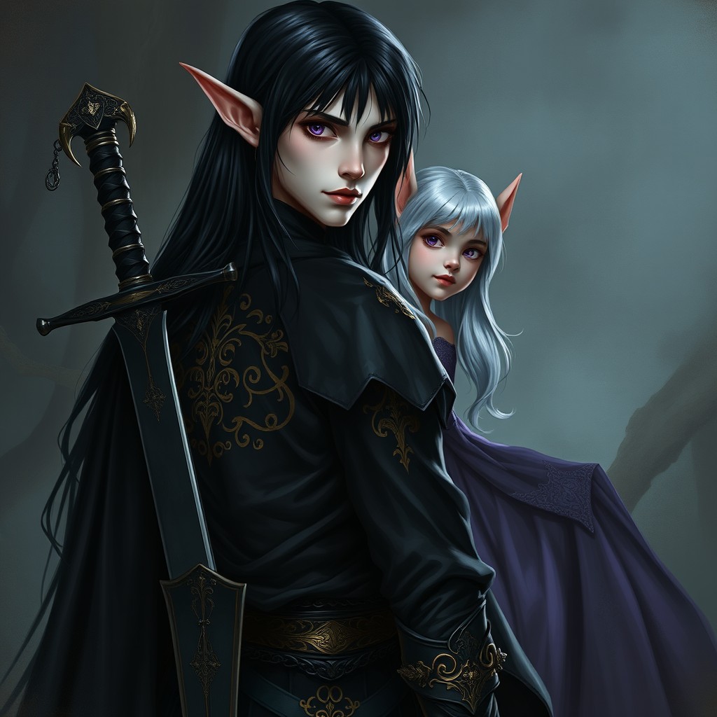 A tall Vampire Elf with striking violet eyes and long black hair, dressed in elegant black robes adorned with intricate gold inlays and layered with dark chain mail
