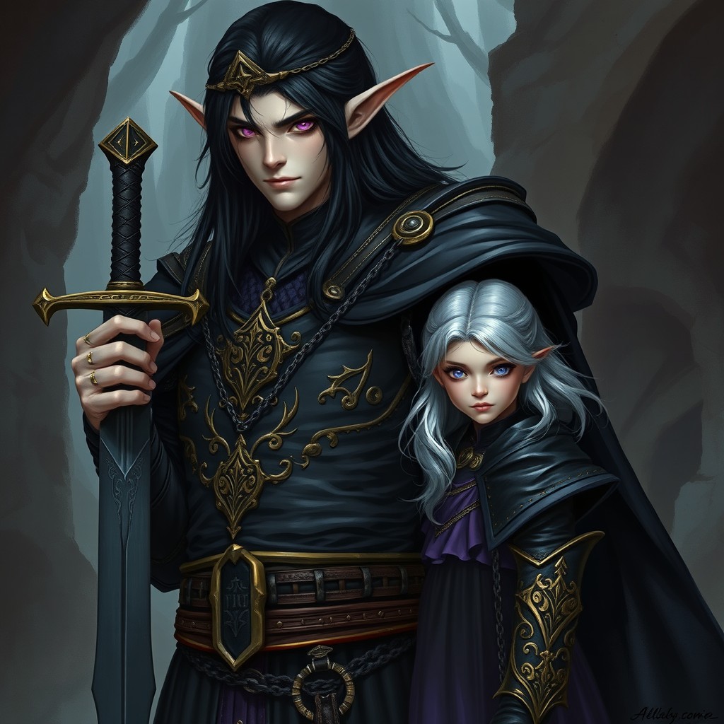 A tall Vampire Elf with striking violet eyes and long black hair, dressed in elegant black robes adorned with intricate gold inlays, complemented by sturdy black chain mail