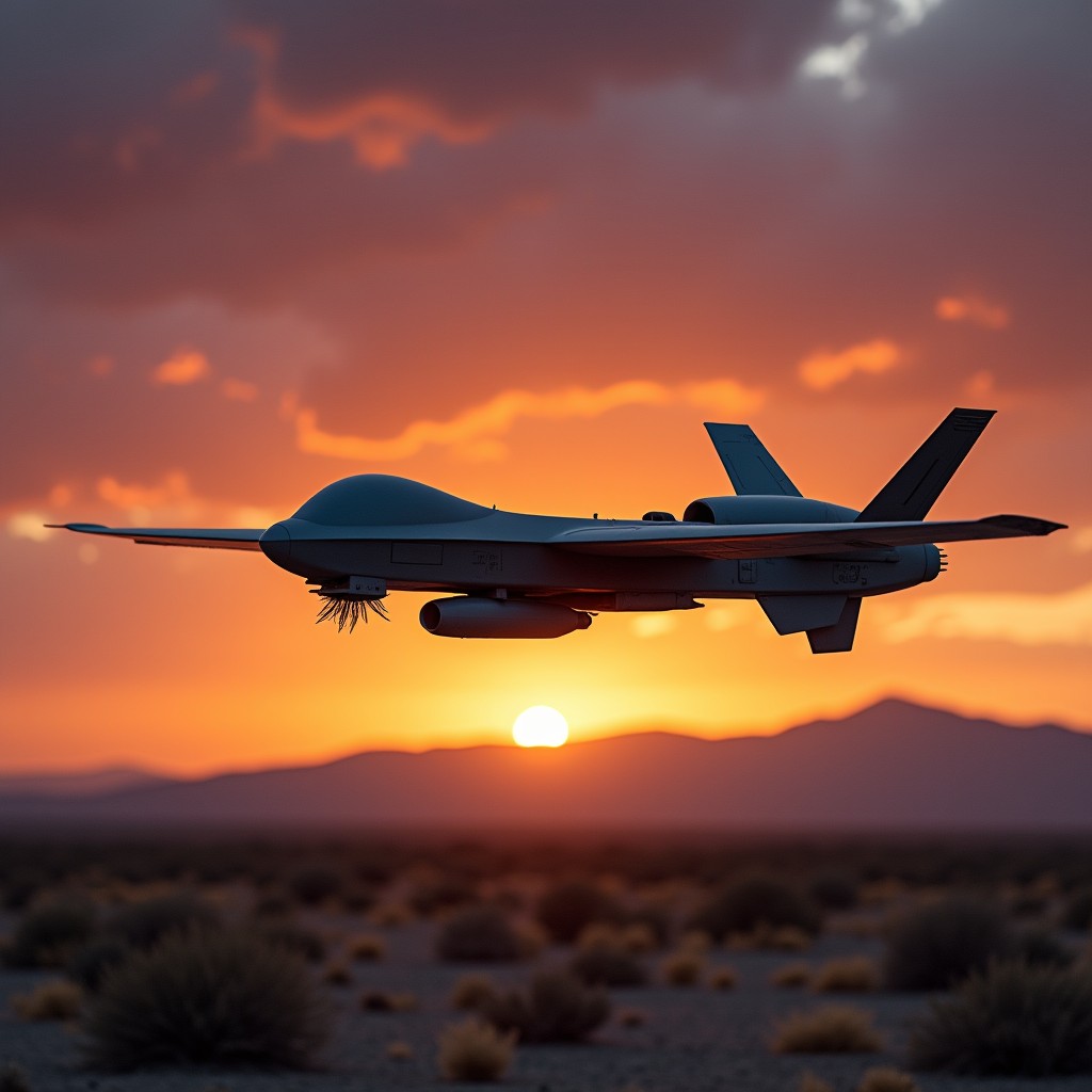 A military drone flying over a dramatic sunset, casting shadows over a rugged desert landscape