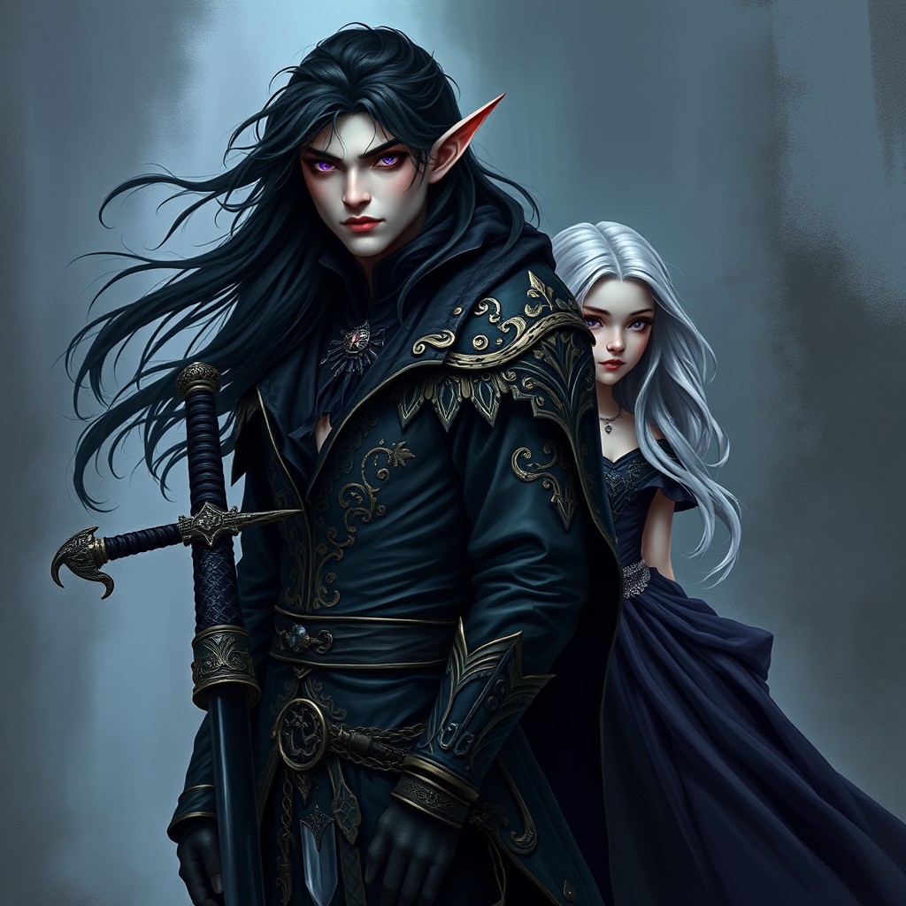 A tall Vampire Elf with striking violet eyes and flowing black hair, adorned in elegant black robes featuring intricate gold inlays and protective black chain mail