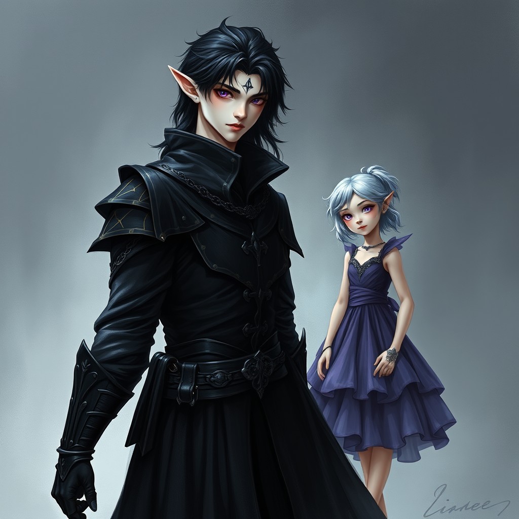 A tall Vampire Elf with striking violet eyes and luxurious black hair, adorned in flowing black robes with intricate gold inlays and fitted black chain mail underneath