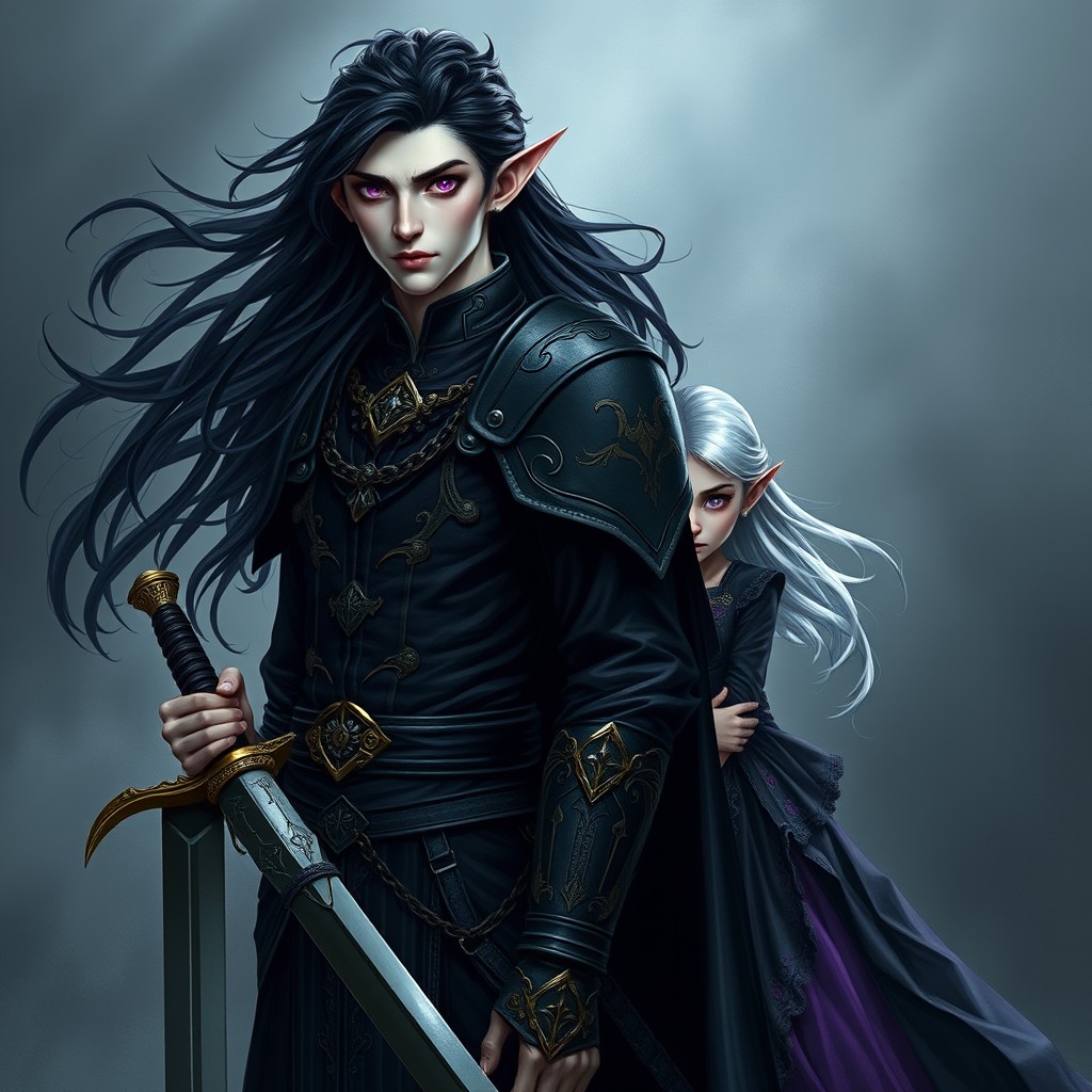 A tall Vampire Elf with striking violet eyes and flowing black hair, adorned in elegant black robes featuring intricate gold inlays and sturdy black chain mail