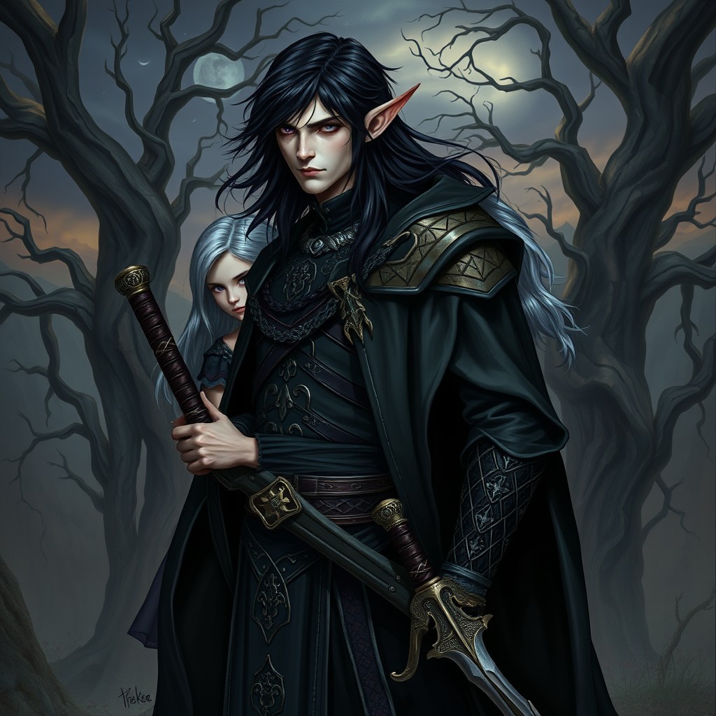 A tall Vampire Elf with striking violet eyes and flowing black hair, clad in elegant black robes adorned with intricate gold inlays, beneath which he wears sleek black chain mail