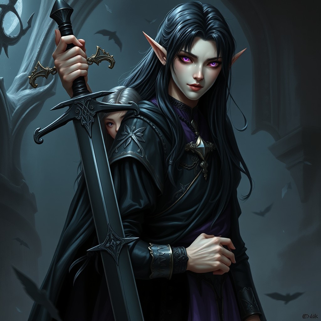 A tall Vampire Elf with captivating violet eyes and long black hair, dressed in luxurious black robes accented with ornate gold inlays