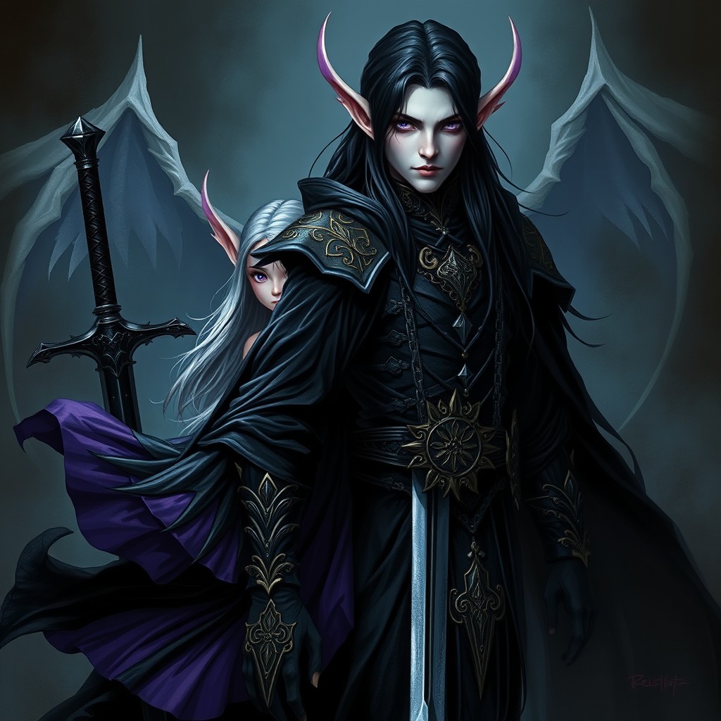 A tall Vampire Elf with striking violet eyes and long black hair, adorned in flowing black robes embellished with intricate gold inlays and protective black chain mail