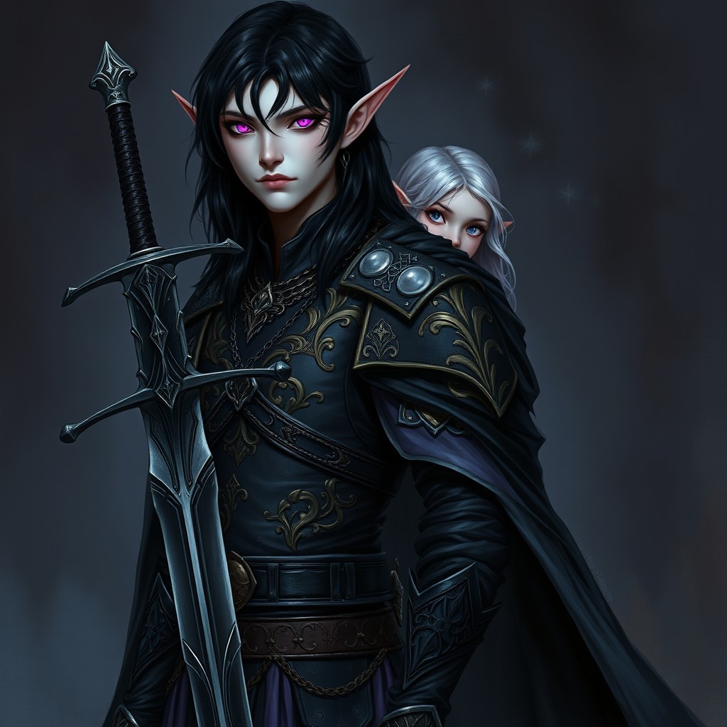 A tall Vampire Elf with mesmerizing violet eyes and cascading black hair, dressed in magnificent black robes embellished with intricate gold inlays, alongside fitted black chain mail for added protection