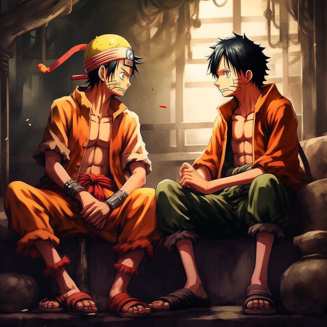 Luffy from One Piece and Naruto from Naruto Shippuden sitting together, with their signature attire and attitudes in a friendly conversation.