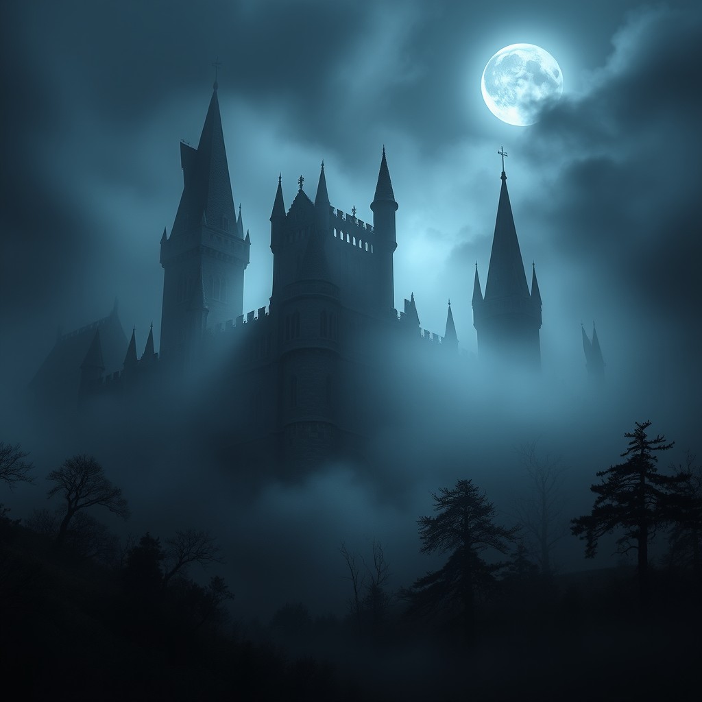 A dark, foreboding castle shrouded in thick fog, creating an atmosphere of mystery and suspense