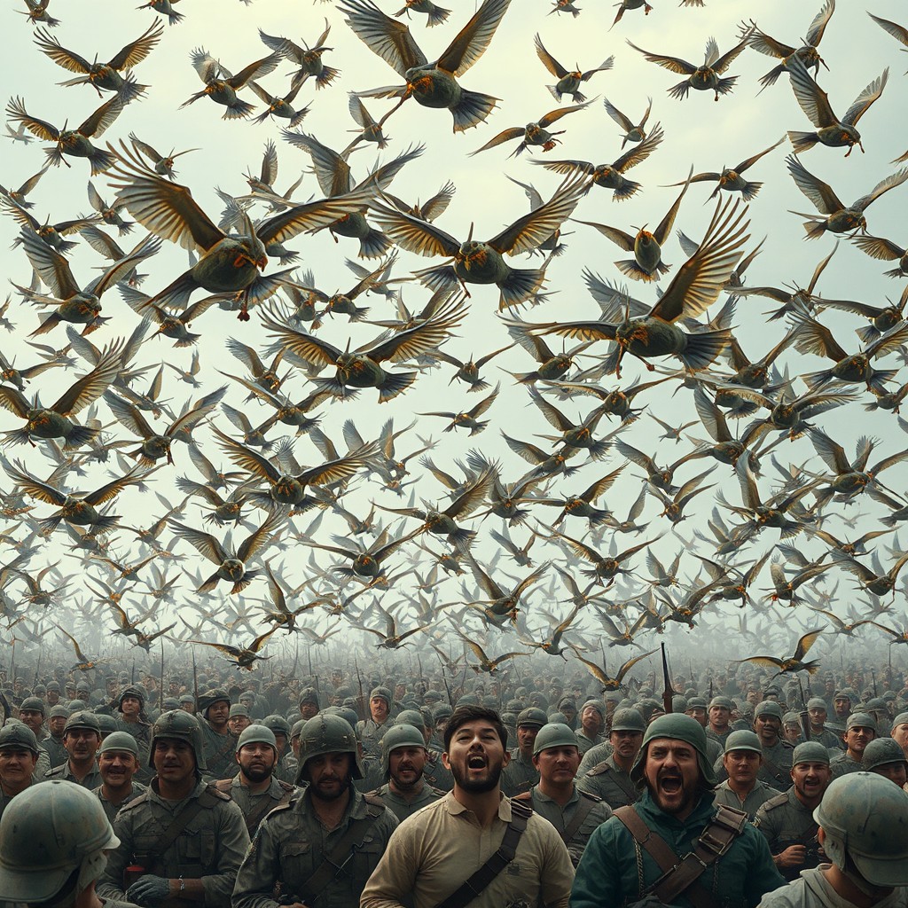 A dramatic scene depicting thousands of small birds known as ababil, with delicate wings flying in chaotic formation