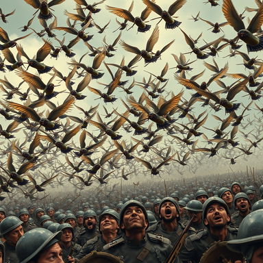A dramatic scene depicting thousands of small birds known as ababil, with delicate wings flying in chaotic formation