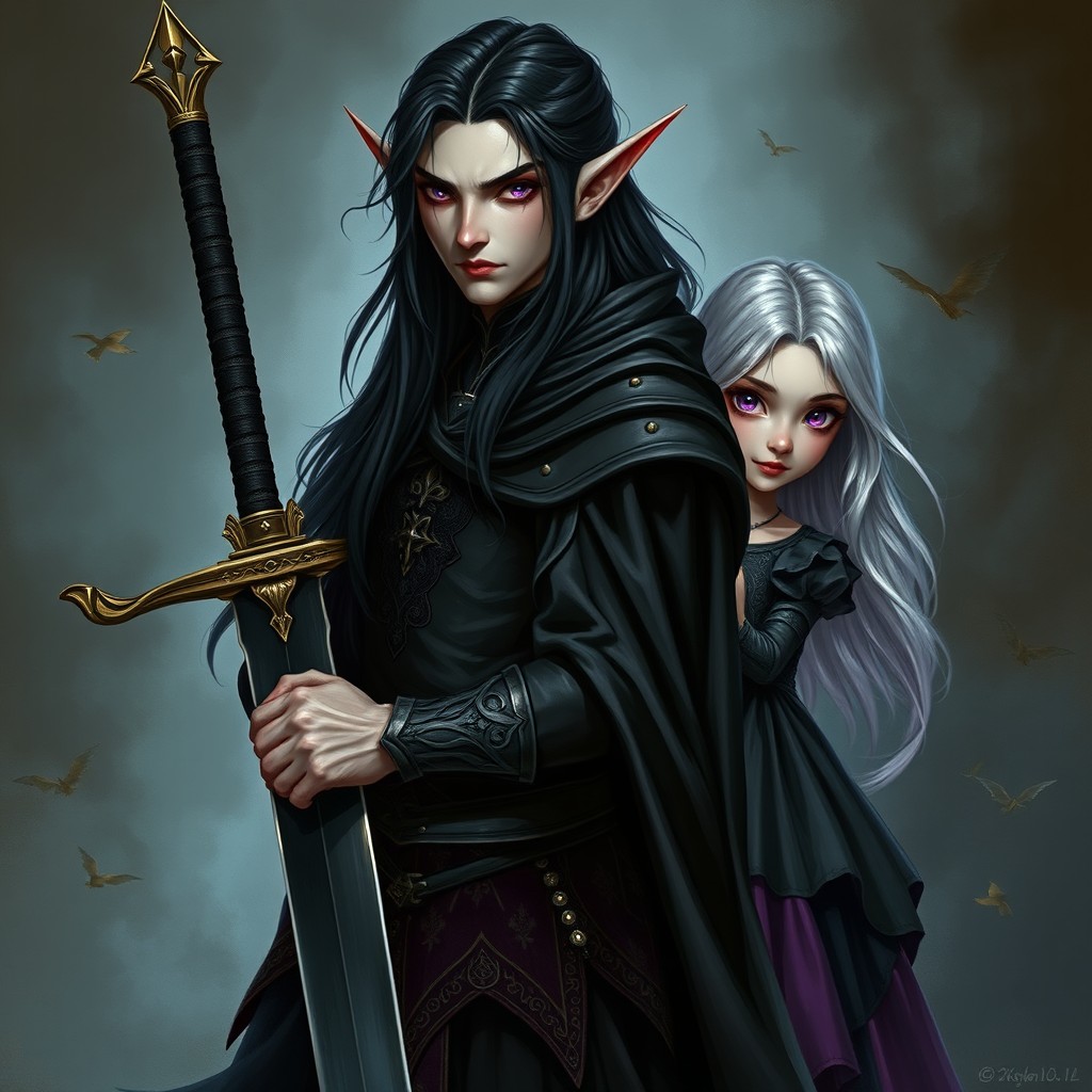 A tall Vampire Elf with striking violet eyes and long, flowing black hair, adorned in black robes with intricate gold inlays and protective black chain mail underneath