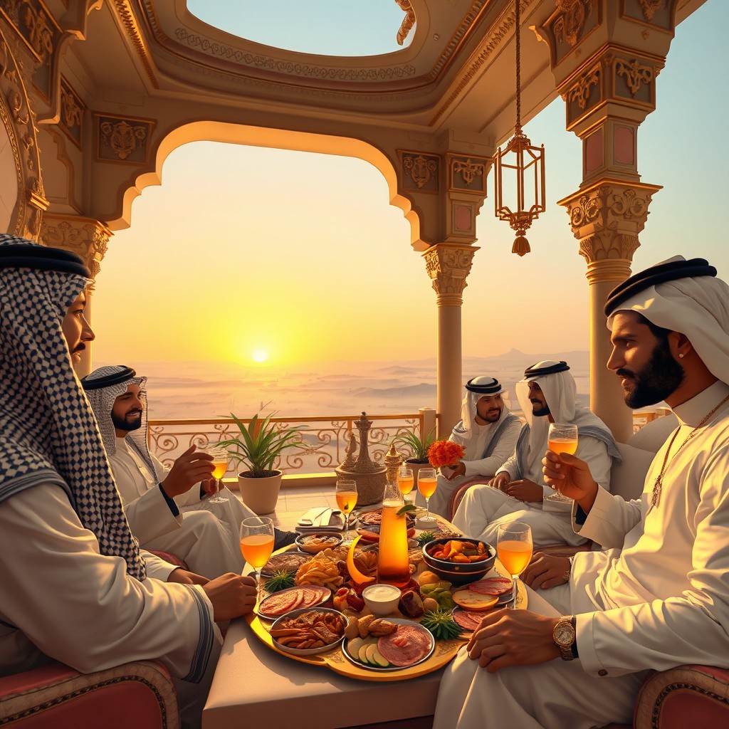 A luxurious scene depicting wealthy Saudi individuals enjoying an opulent lifestyle