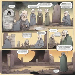 A 4-page 2D comic strip. 1st page: Three people greeting an old grandmother. 2nd page: Evil king sitting on his throne. 3rd page: Three people defeating the evil king. 4th page: People mourning by two graves