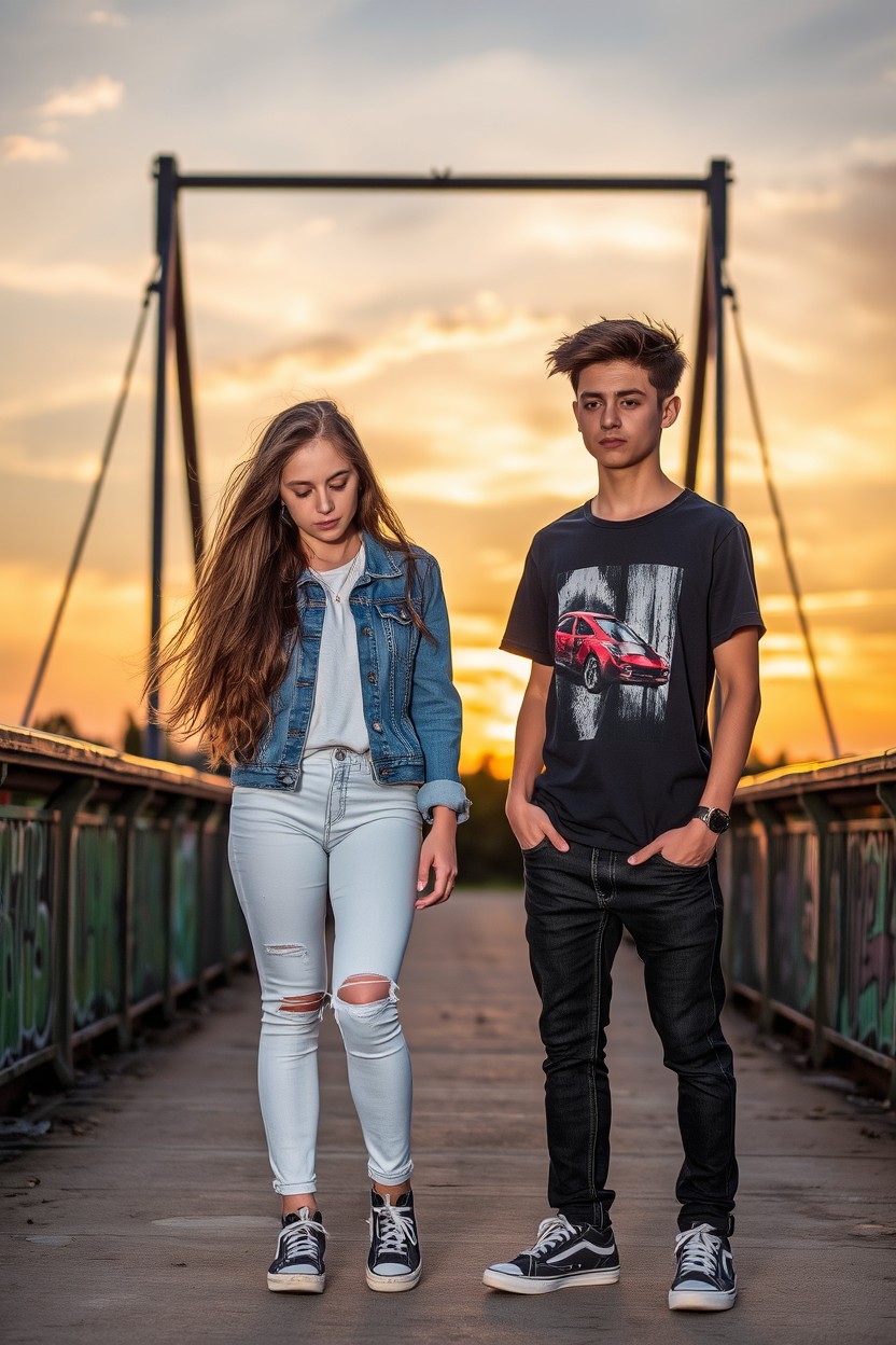 A poignant scene of a teenage couple on a bridge experiencing a breakup