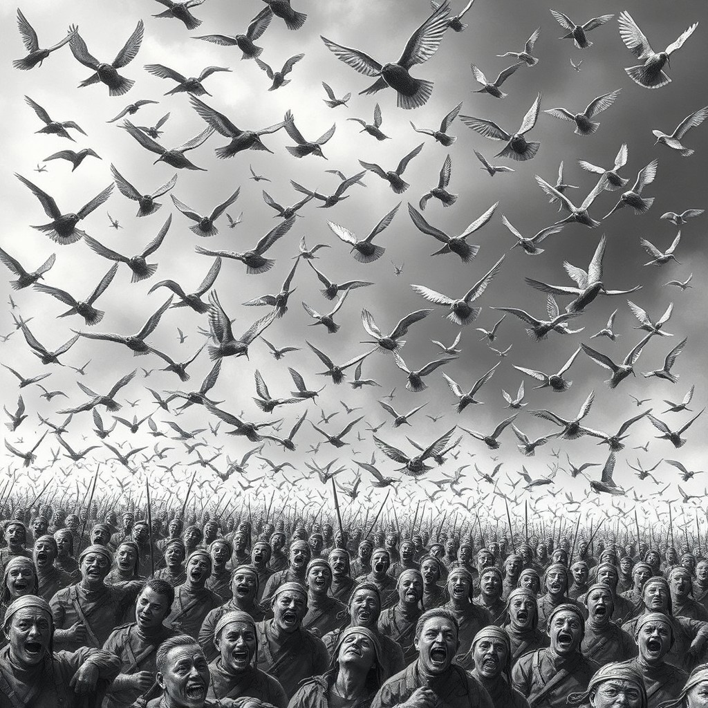 A dramatic black and white scene depicting thousands of small birds known as ababil, with delicate wings, flying in chaotic formation