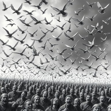 A dramatic black and white scene depicting thousands of small birds known as ababil, with delicate wings, flying in chaotic formation