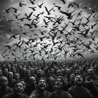 A dramatic black and white scene depicting thousands of small birds known as ababil, with delicate wings, flying in chaotic formation