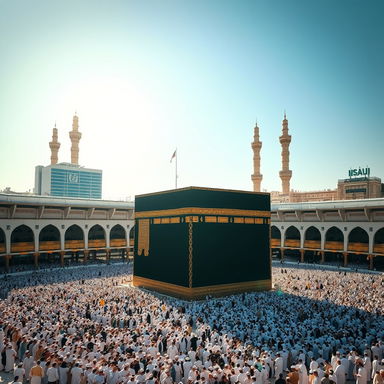 A stunning view of the Kaaba in Mecca, Saudi Arabia, capturing the architectural beauty of this sacred site