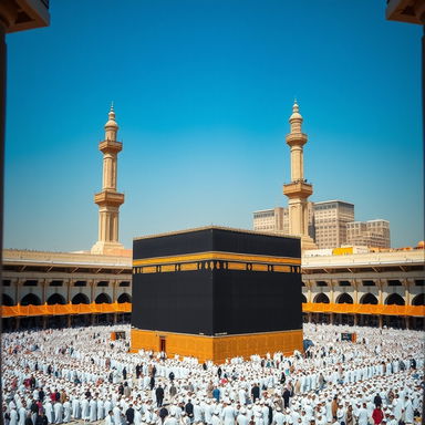 A stunning view of the Kaaba in Mecca, Saudi Arabia, capturing the architectural beauty of this sacred site