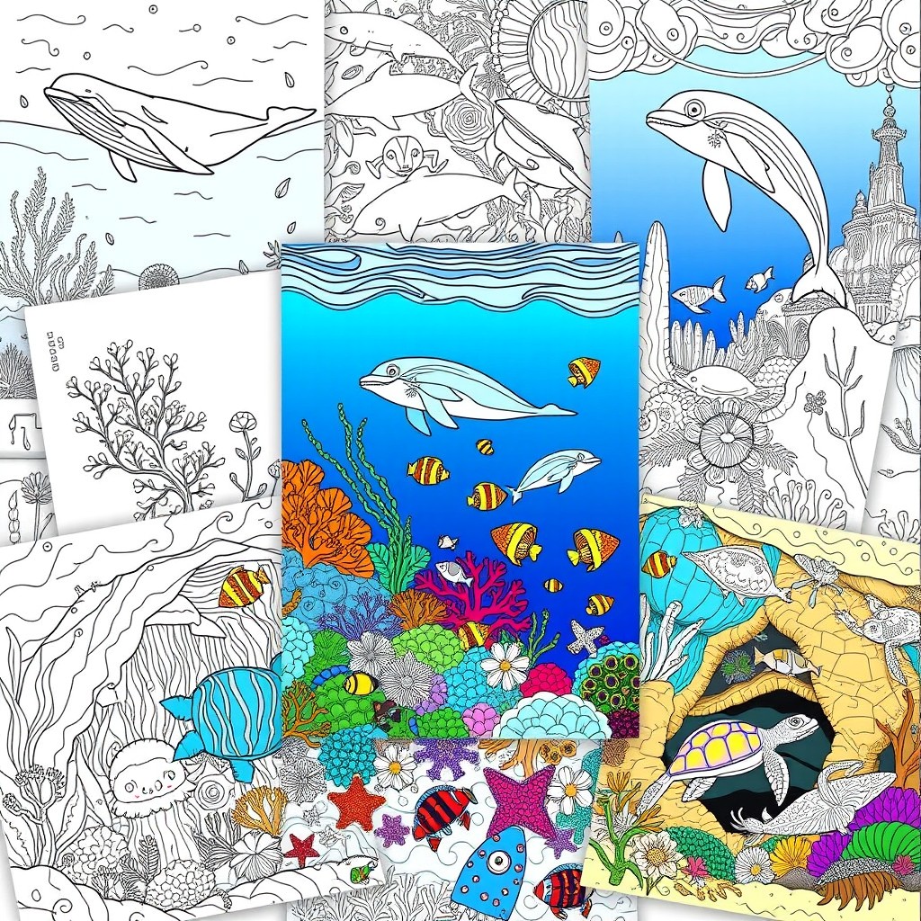 A collection of intricate coloring book pages featuring various aspects of ocean life