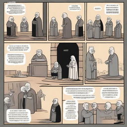 A 4-page 2D comic strip. 1st page: Three people greeting an old grandmother. 2nd page: Evil king sitting on his throne. 3rd page: Three people defeating the evil king. 4th page: People mourning by two graves