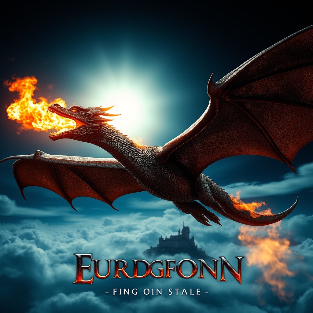 A dramatic and captivating movie poster featuring a fire-breathing dragon soaring through a night sky, with flames erupting from its mouth, illuminating the surrounding clouds