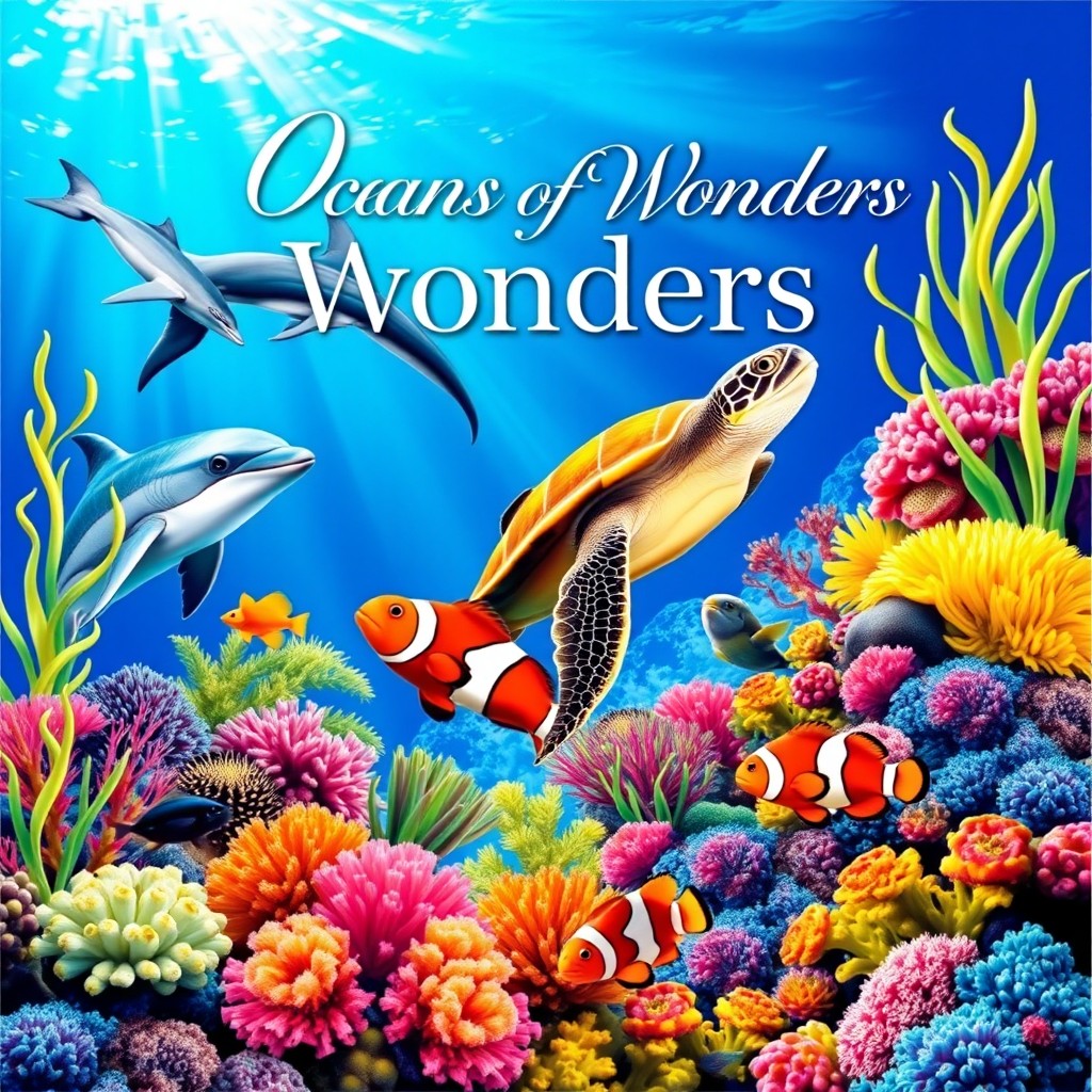 A vibrant and colorful book cover design featuring a variety of ocean life, including majestic dolphins, a graceful sea turtle, playful clownfish, and colorful coral reefs