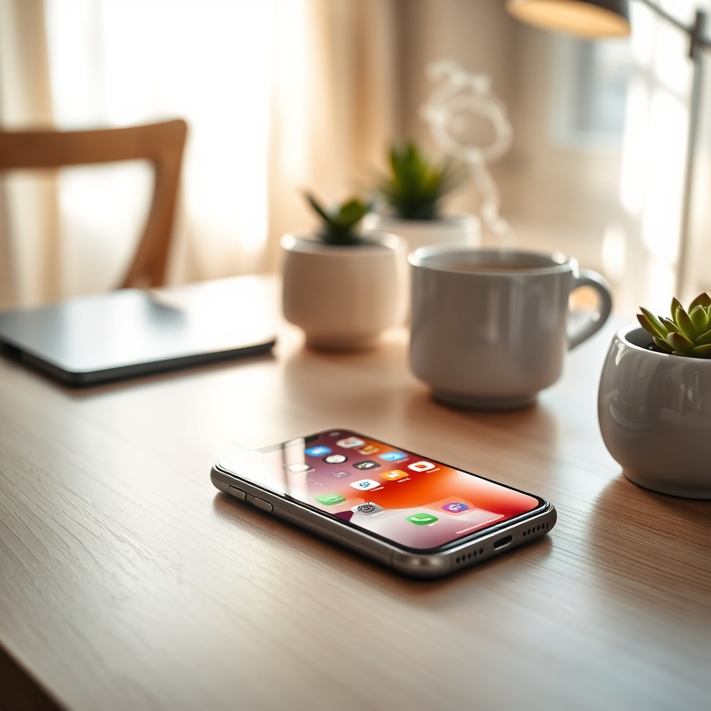 A sleek and modern iPhone lying on a stylish desk featuring a softwood texture, reflecting the ambient light of a cozy, sunlit room