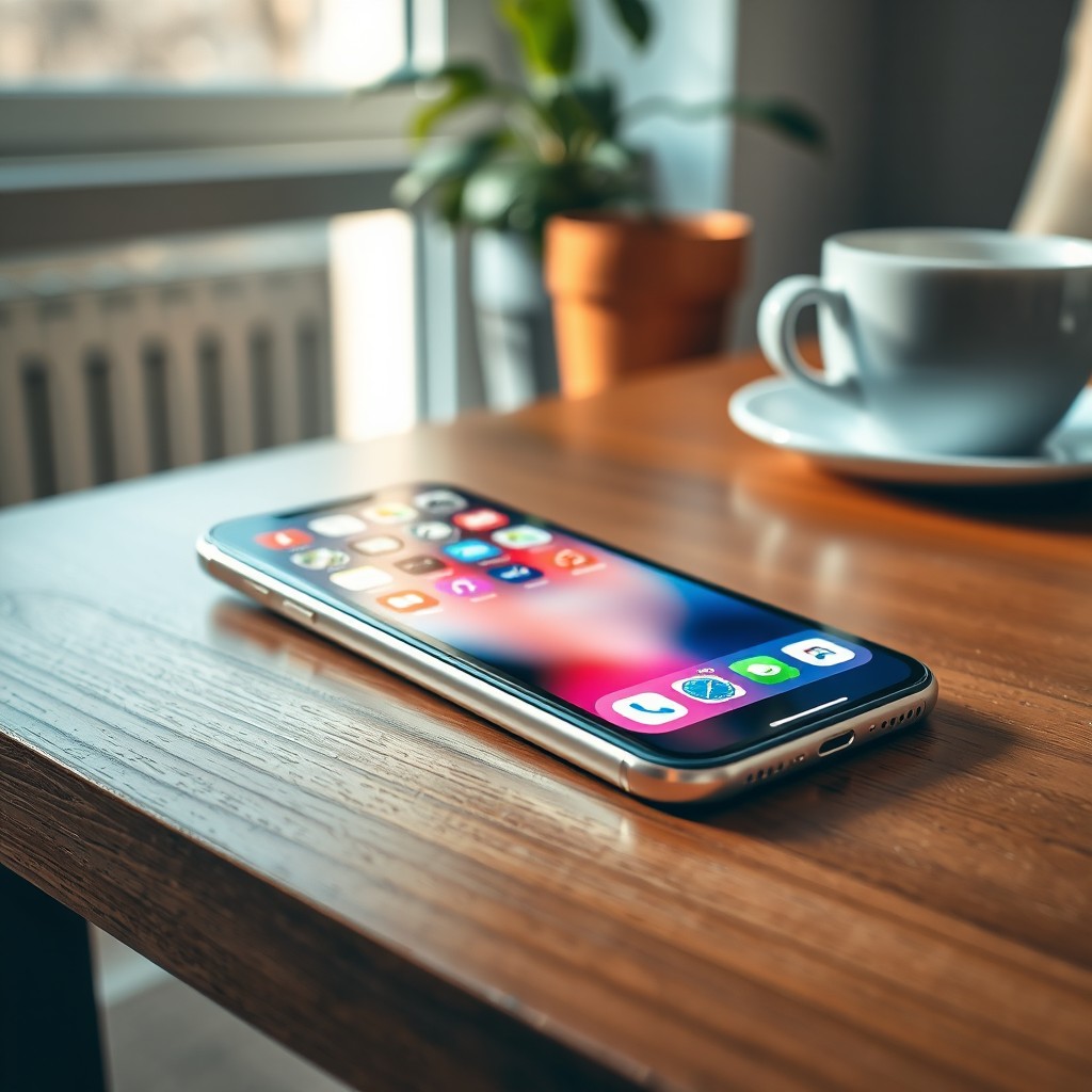 A sleek, modern smartphone resting on a stylish wooden table, showcasing its vibrant display illuminated with colorful app icons