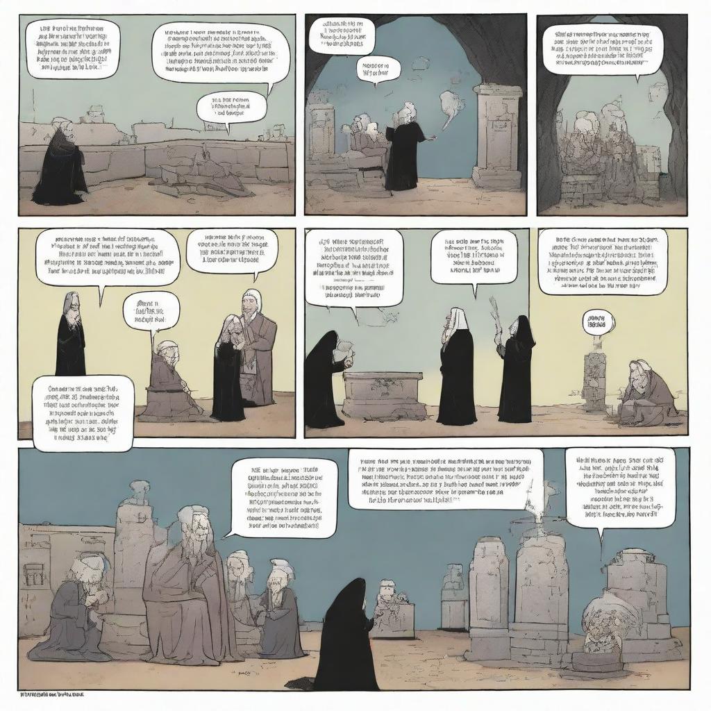 A 4-page 2D comic strip. 1st page: Three people greeting an old grandmother. 2nd page: Evil king sitting on his throne. 3rd page: Three people defeating the evil king. 4th page: People mourning by two graves