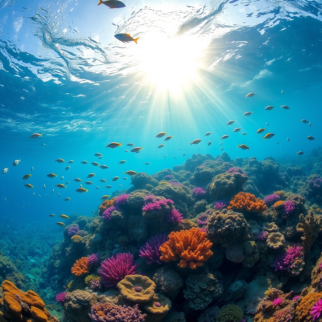 a dreamy underwater scene with colorful coral reefs, schools of tropical fish swimming, sunlight filtering through the clear water, vibrant blues and greens, and a sense of tranquility and peace