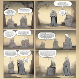 A 4-page 2D comic strip. 1st page: Three people greeting an old grandmother. 2nd page: Evil king sitting on his throne. 3rd page: Three people defeating the evil king. 4th page: People mourning by two graves