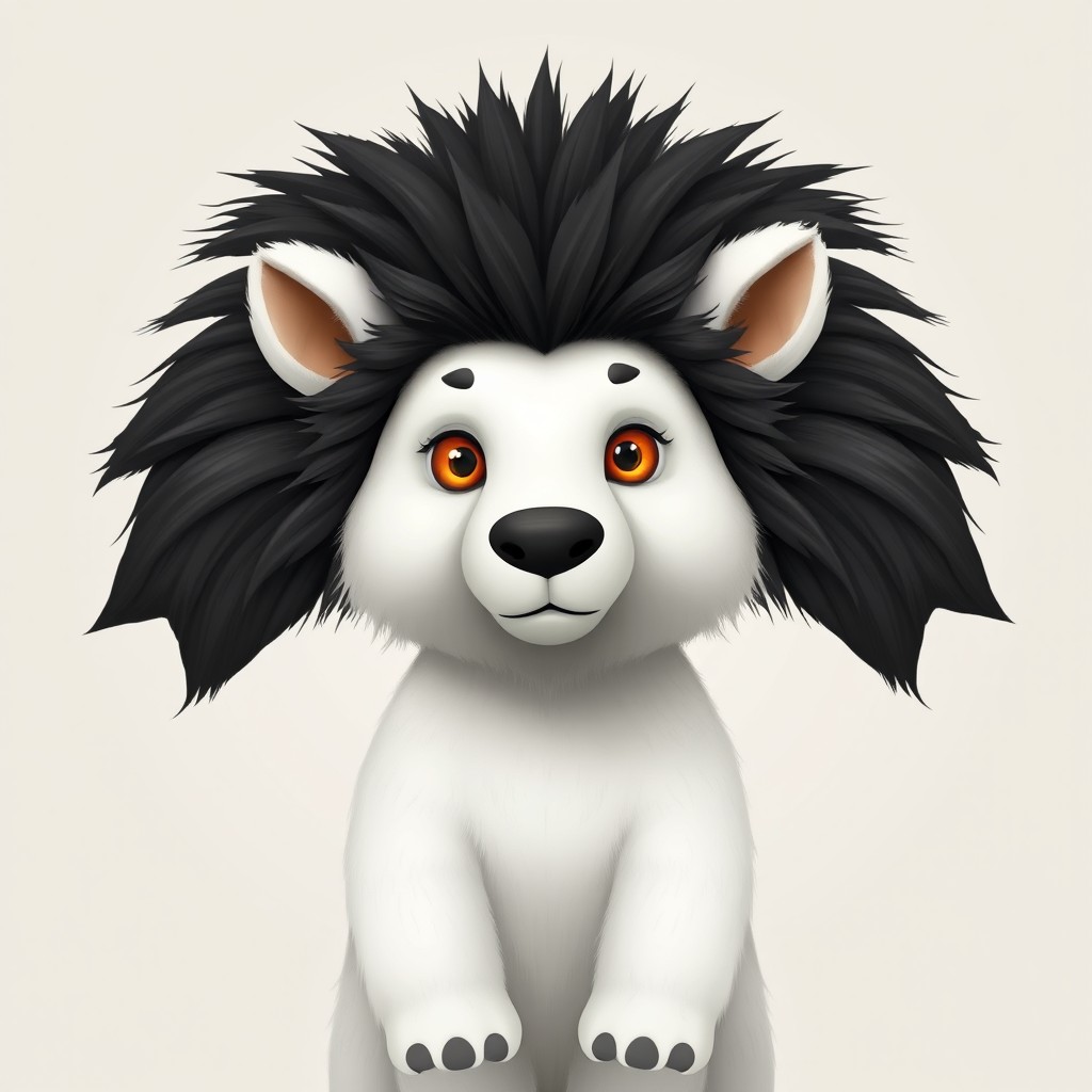 A striking white bear with a luxurious black lion mane that adds a regal flair to its appearance