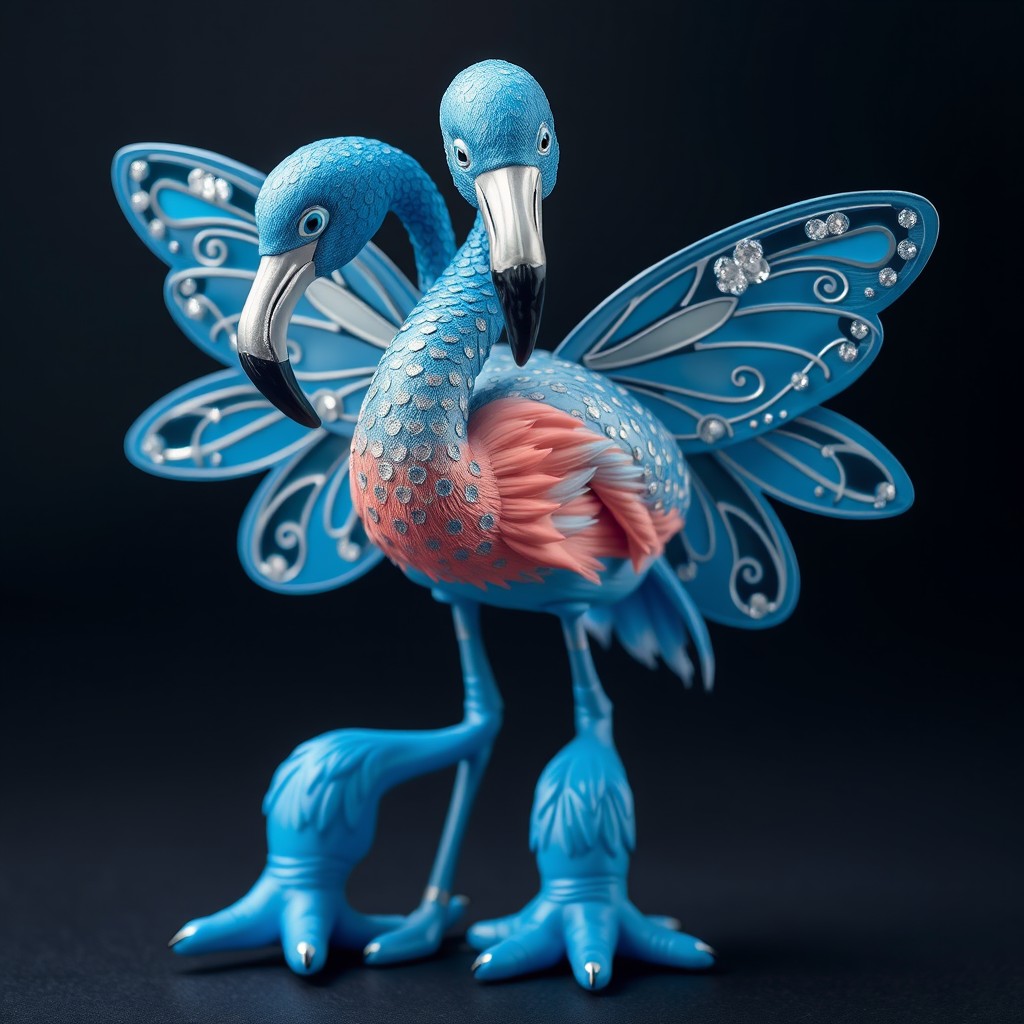 A stunning blue flamingo adorned with shimmering silver spots across its plumage
