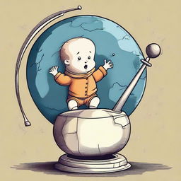 An adorable toddler given the semblance of Archimedes, pushing down a lever labeled 'knowledge' with Planet Earth rising on its lifted side. The fulcrum, situated at the center-bottom of the lever, represents the spirit of the children.