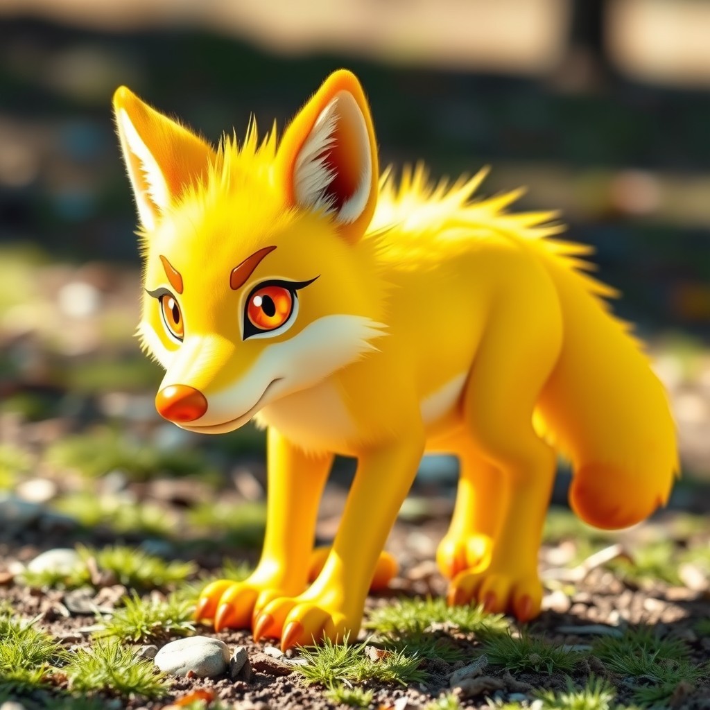 A vibrant yellow wolf with a striking coat that shines in the sunlight