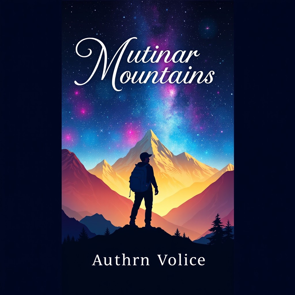 A visually striking ebook cover, featuring a mystical mountain landscape under a starry night sky, with vibrant colors and a whimsical touch