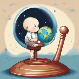 An adorable toddler given the semblance of Archimedes, pushing down a lever labeled 'knowledge' with Planet Earth rising on its lifted side. The fulcrum, situated at the center-bottom of the lever, represents the spirit of the children.