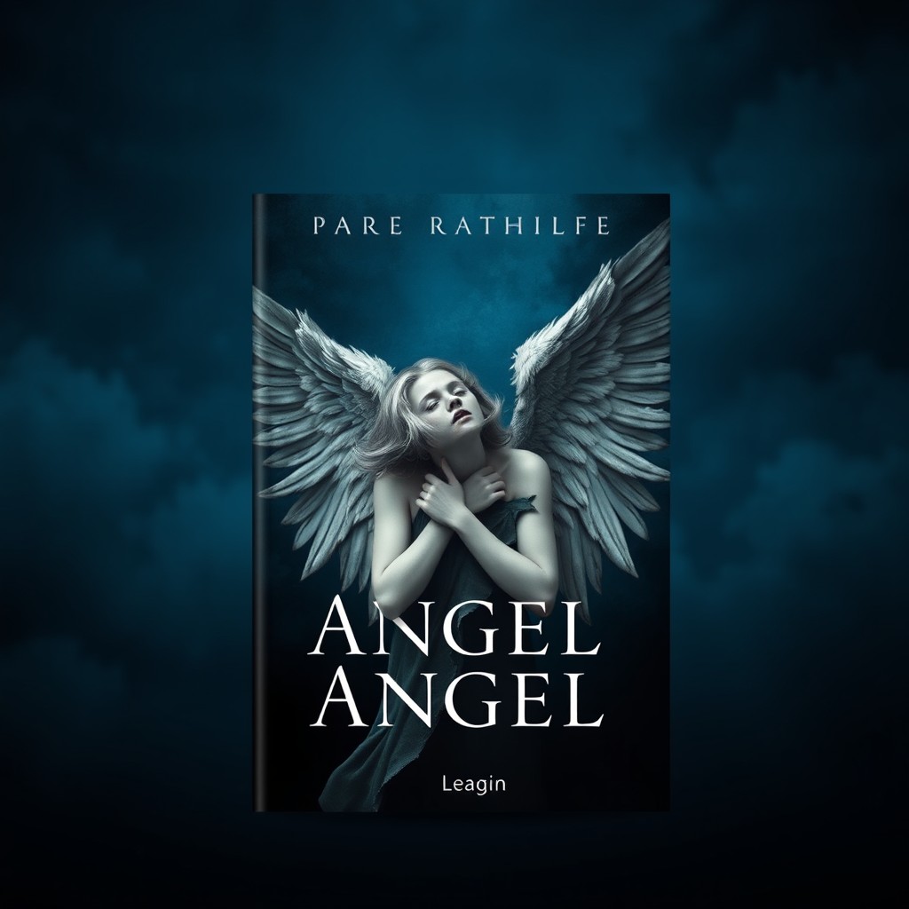 A book cover design featuring a dark blue background, highlighting a poignant scene with a beautiful angel whose wings are damaged and broken