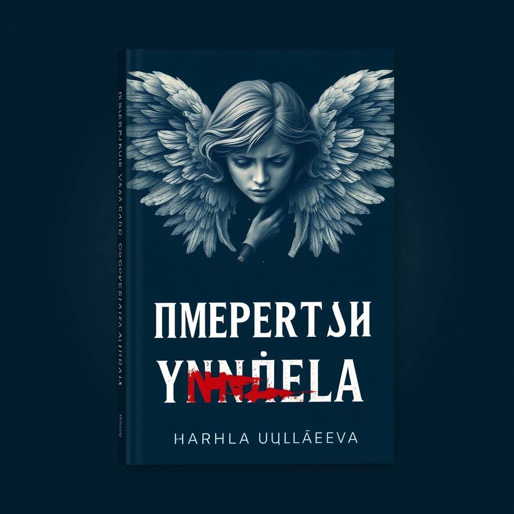 A book cover design featuring a dark blue background, centered on a sorrowful angel with broken wings, reflecting themes of loss and mortality