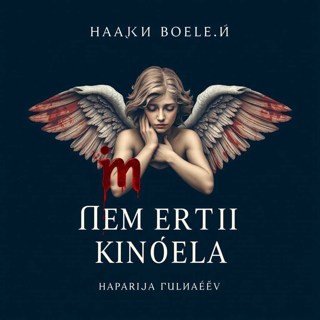 A book cover design featuring a dark blue background, centered on a sorrowful angel with broken wings, reflecting themes of loss and mortality