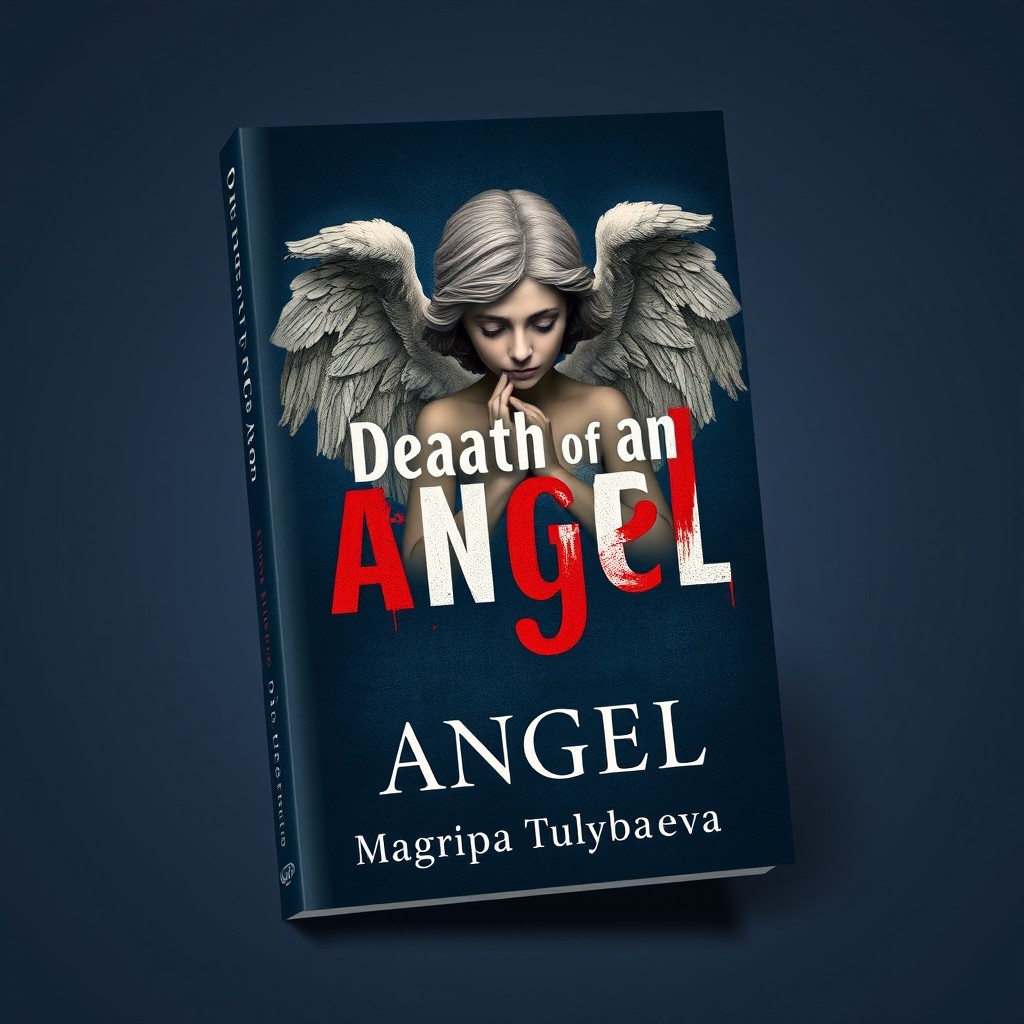 A book cover design featuring a dark blue background, centered on a sorrowful angel with broken wings, reflecting themes of loss and mortality